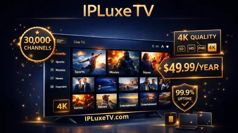 IPLuxeTV interface showing 30000 channels 4K streaming quality and pricing plans