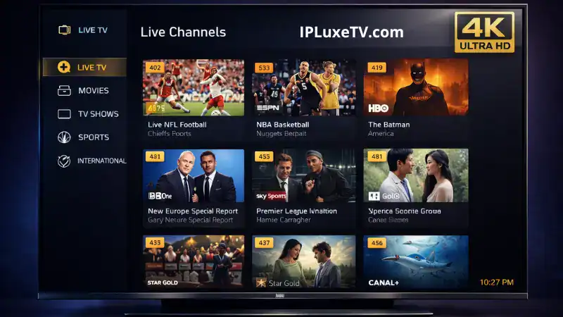 IPLuxeTV free trial interface showing 4K streaming channels