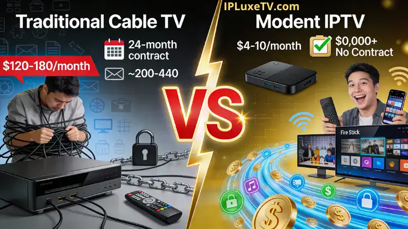 Best for IPTV 2026: Top Providers, Devices & Apps Compared 3 IPTV vs Cable TV comparison showing cost savings and feature advantages for best for IPTV services
