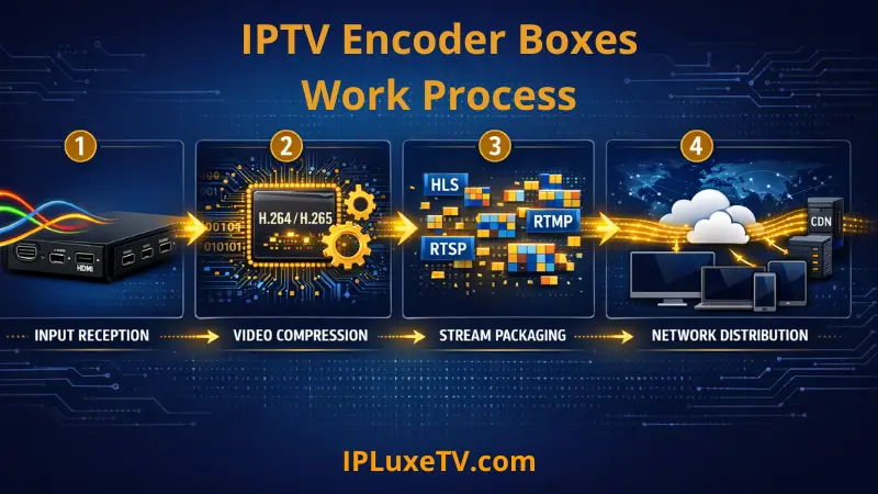 IPTV Encoder Box: Complete Guide + #1 Better Alternative 2 Technical diagram showing IPTV encoder box workflow with 4 stages from input reception to network distribution