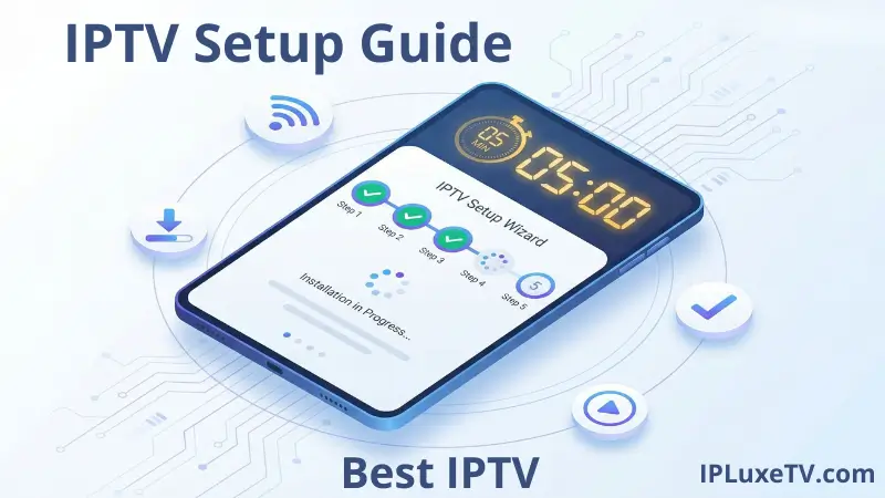 Best IPTV: #1 Rated Service with 50,900+ Happy Users 2 IPTV setup guide showing 5-step installation process on smartphone with 5-minute timer - quick and easy installation tutorial